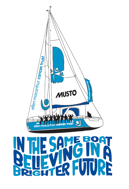 Lucie's winning t-shirt design, featuring an Ellen MacArthur Cancer Trust branded yacht, sailing on top of words styled like waves, which say "In the same boat, believing in a brighter future"