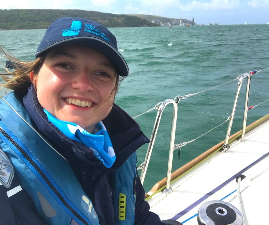 A selfie of Emily sailing in Round the Island Race