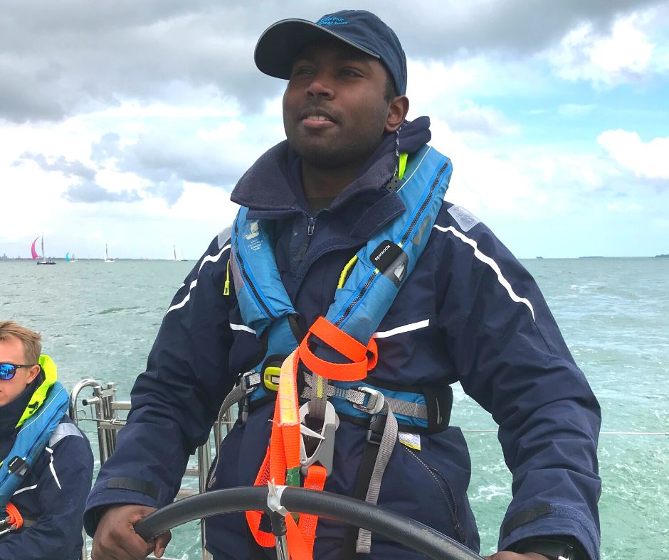John Jnathan helming in Round the Island Race